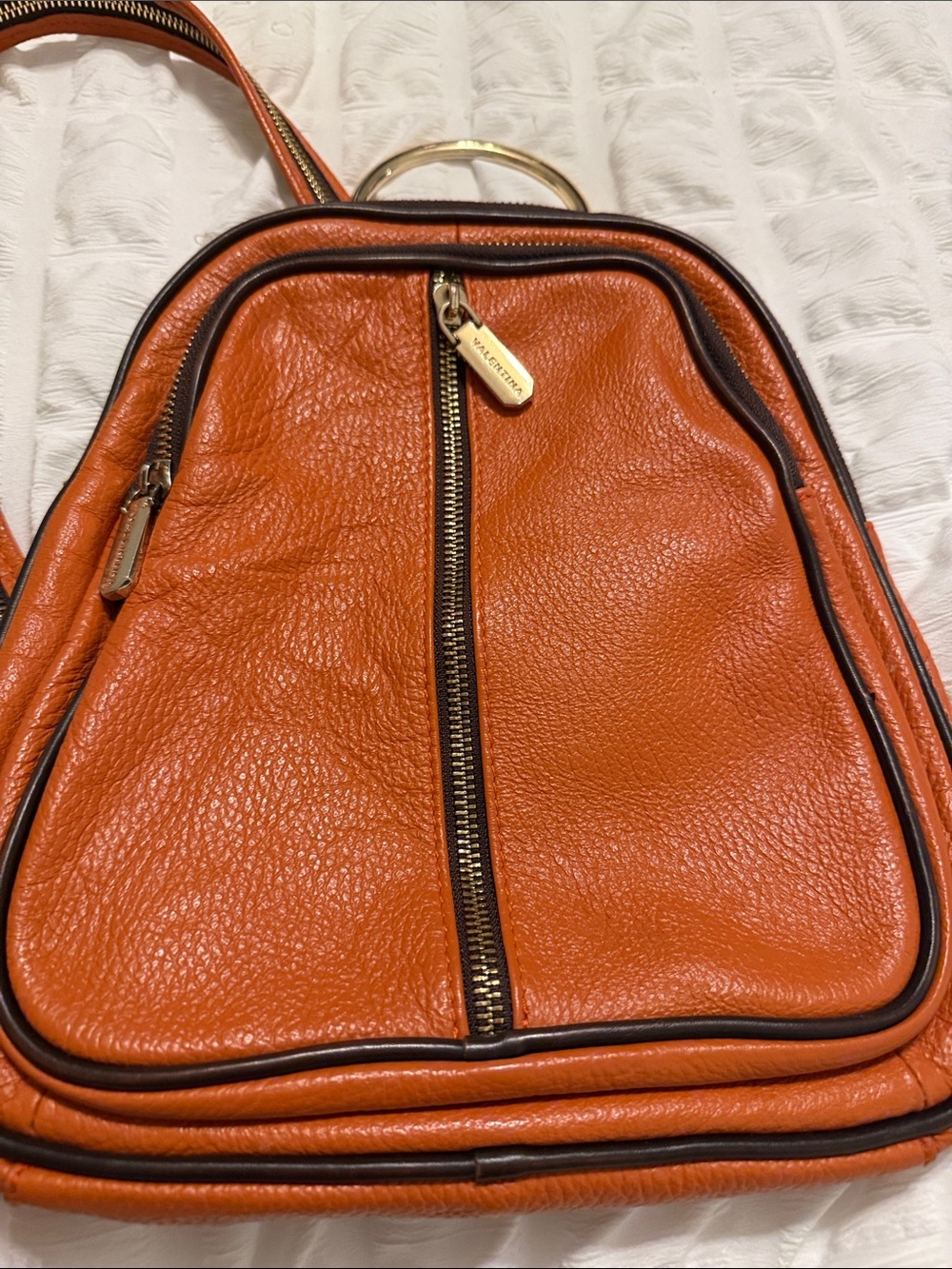 Valentina Orange Pebbled Leather Backpack with Black Trim and Gold Hardware